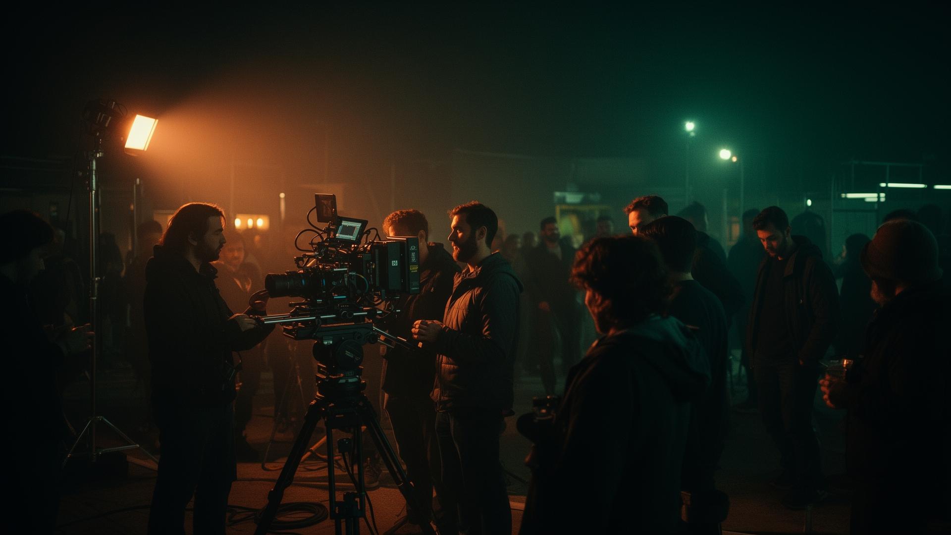 Film crew with professional camera equipment on a night shoot — health insurance for film pros